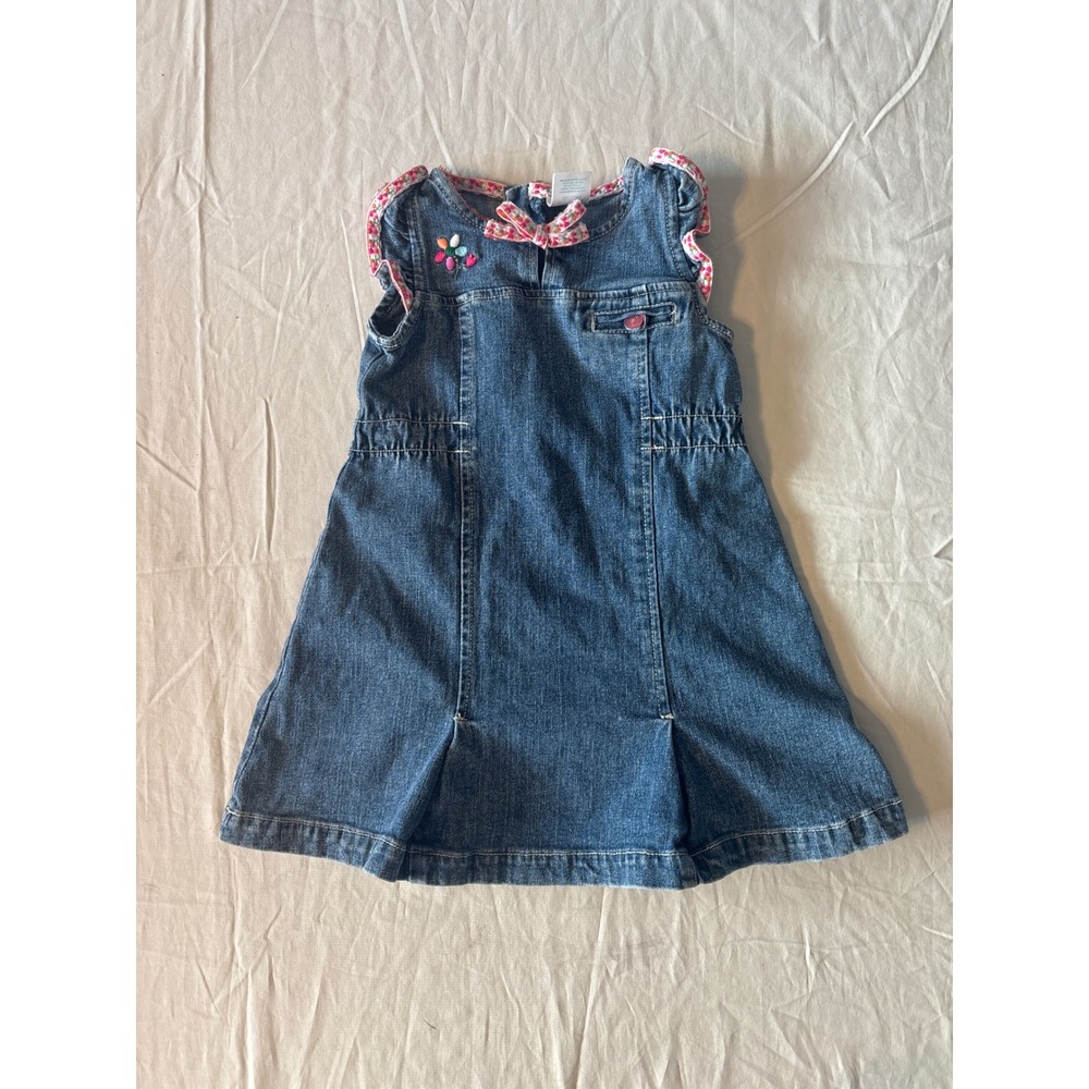 Wonderkids Denim Jumper Dress Girls 2T Blue Excellent Floral Embroidery Bow